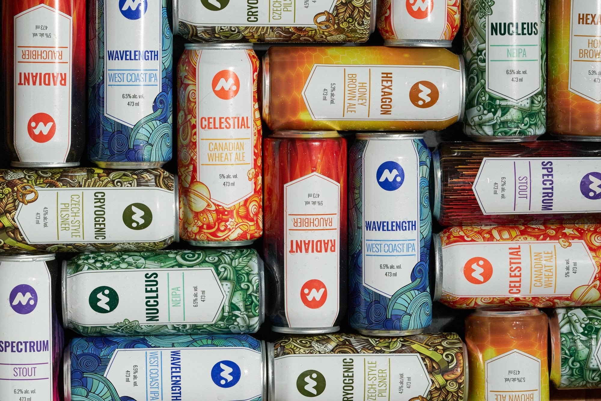 Meta craft beer cans laid out side by side