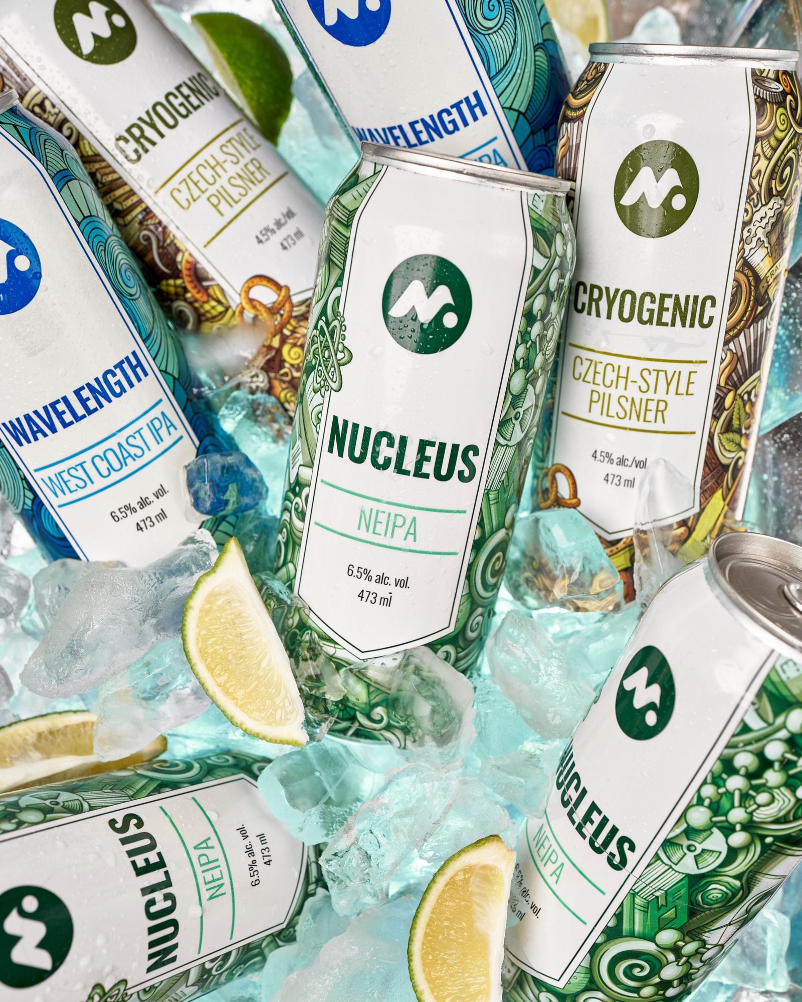 Nucleus, Wavelength and Cryogenic cans on ice with lime wedges